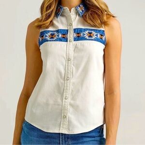 Embroidered Sleeveless Denim Top - White and Blue